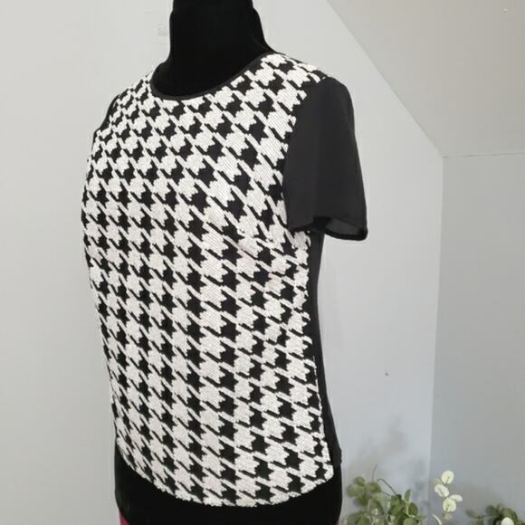 Talbots Black and White Sequin Embellished Houndstooth Short Sleeve Top 4 - Picture 4 of 9